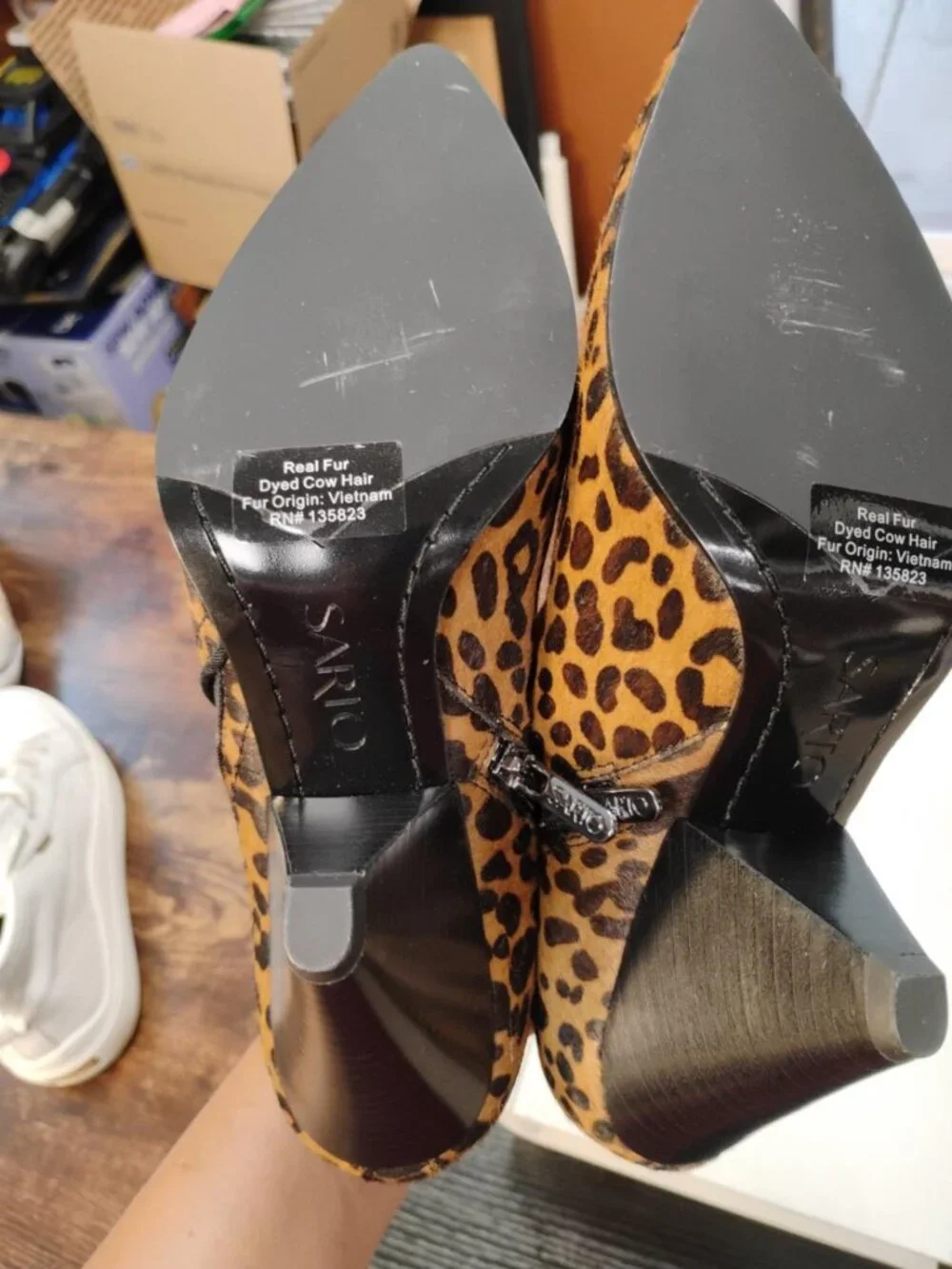 Sarto Leopard Print Real Cow Hair Pointed Toe Ankle Booties